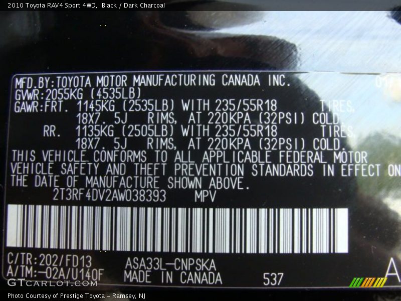 Black / Dark Charcoal 2010 Toyota RAV4 Sport 4WD