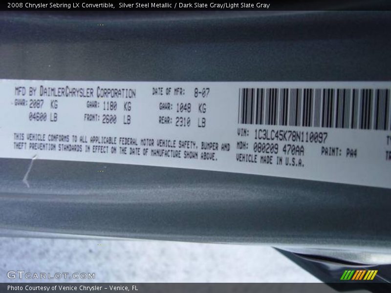 Silver Steel Metallic / Dark Slate Gray/Light Slate Gray 2008 Chrysler Sebring LX Convertible