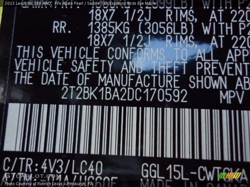 2013 RX 350 AWD Fire Agate Pearl Color Code 4V3