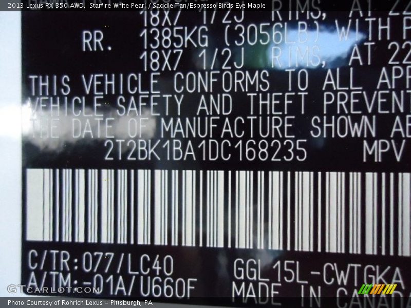 Starfire White Pearl / Saddle Tan/Espresso Birds Eye Maple 2013 Lexus RX 350 AWD