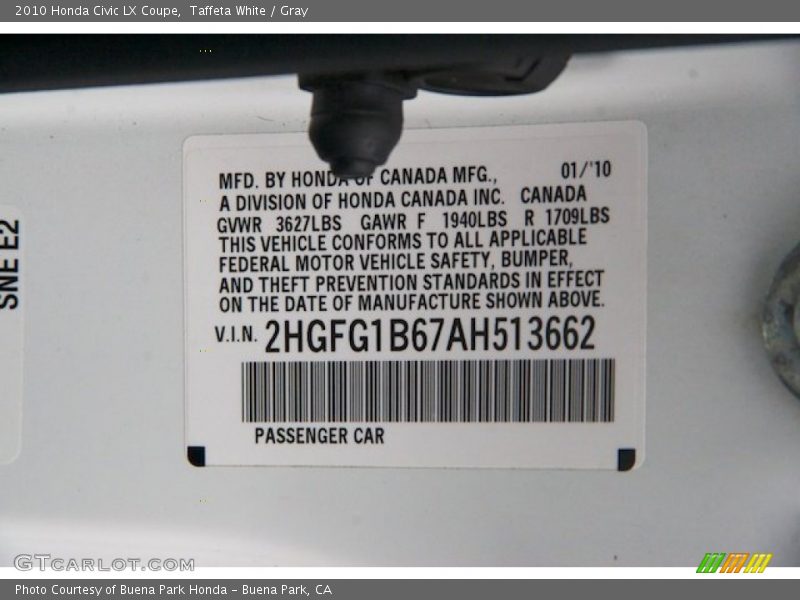 Taffeta White / Gray 2010 Honda Civic LX Coupe