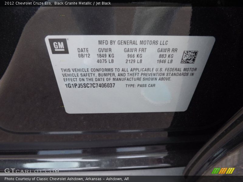 Black Granite Metallic / Jet Black 2012 Chevrolet Cruze Eco