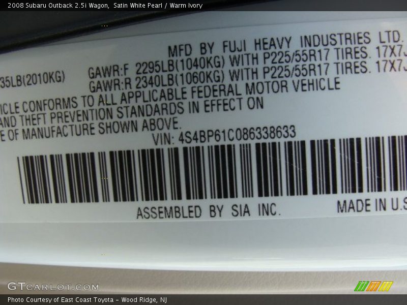 Satin White Pearl / Warm Ivory 2008 Subaru Outback 2.5i Wagon
