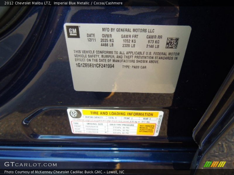 Imperial Blue Metallic / Cocoa/Cashmere 2012 Chevrolet Malibu LTZ