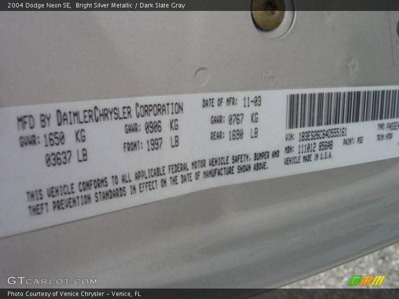 Bright Silver Metallic / Dark Slate Gray 2004 Dodge Neon SE