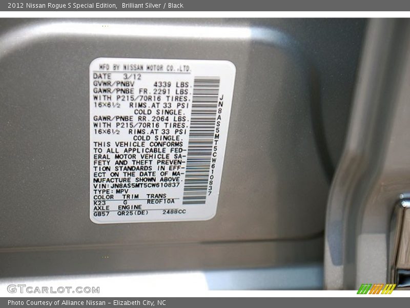 Brilliant Silver / Black 2012 Nissan Rogue S Special Edition