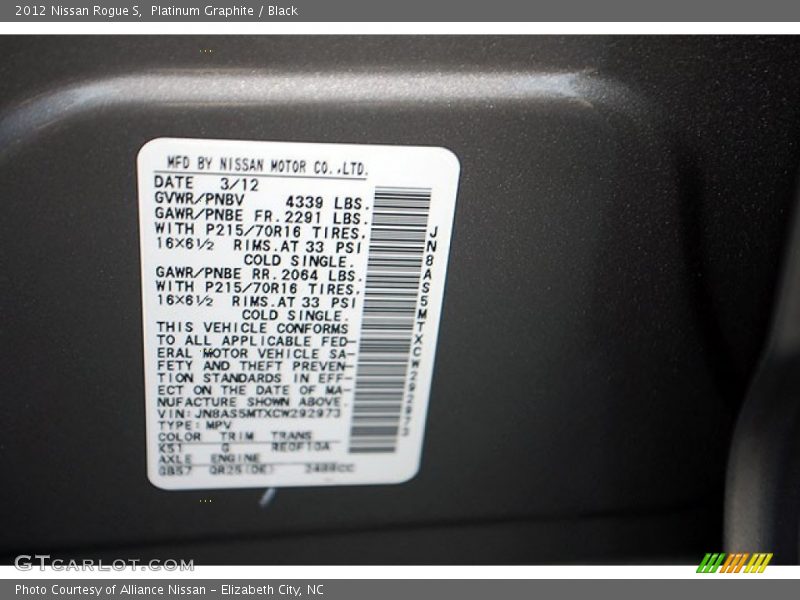 Platinum Graphite / Black 2012 Nissan Rogue S