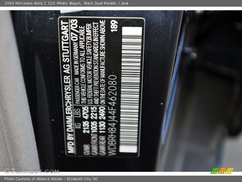 2004 C 320 4Matic Wagon Black Opal Metallic Color Code 189