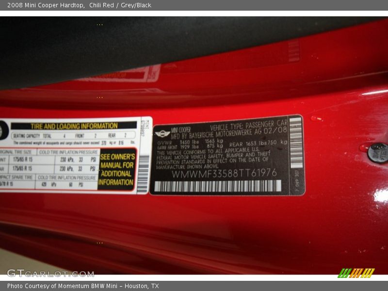 Chili Red / Grey/Black 2008 Mini Cooper Hardtop