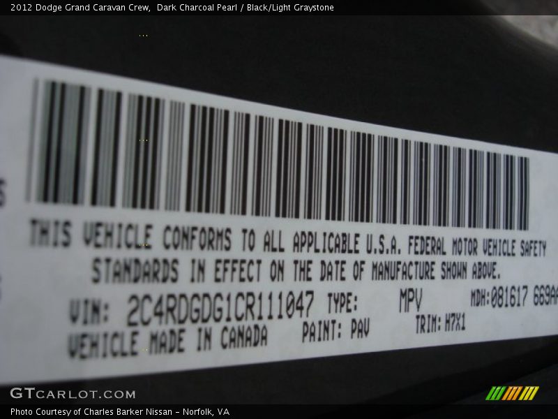 Dark Charcoal Pearl / Black/Light Graystone 2012 Dodge Grand Caravan Crew