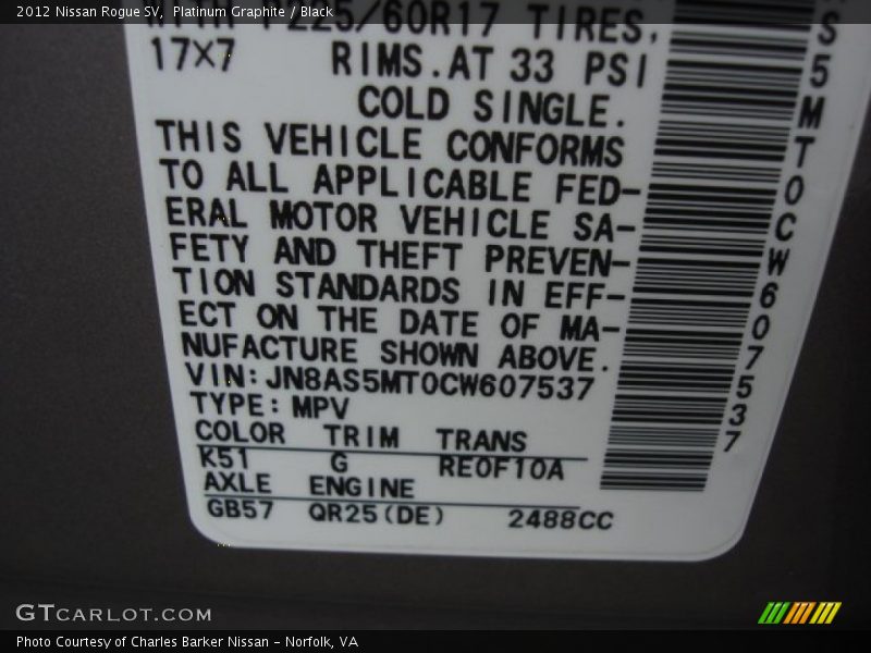 Platinum Graphite / Black 2012 Nissan Rogue SV