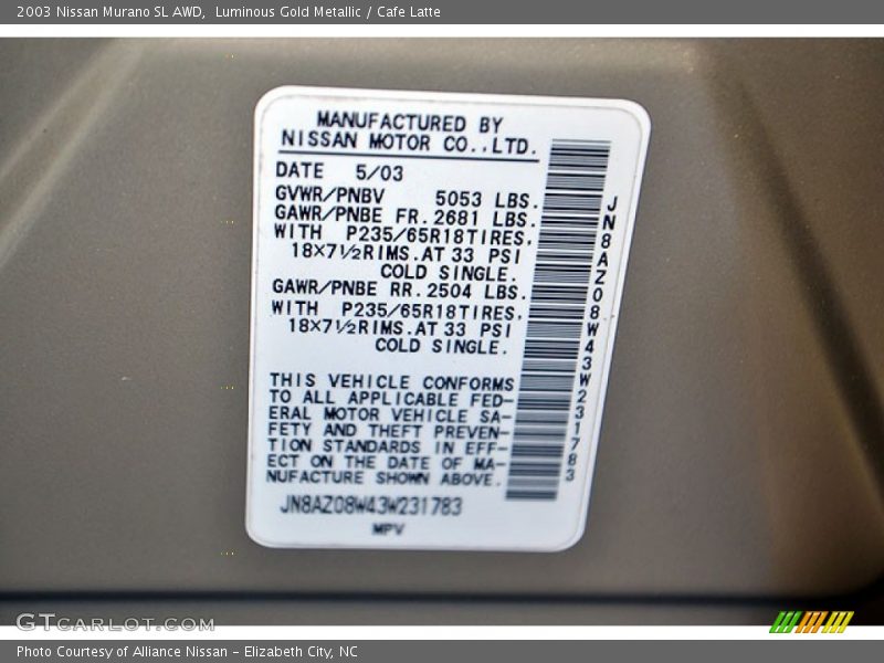 Luminous Gold Metallic / Cafe Latte 2003 Nissan Murano SL AWD