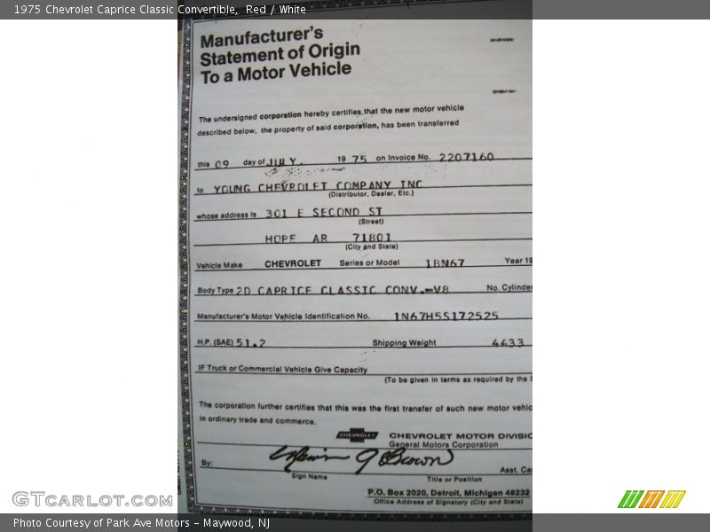 Red / White 1975 Chevrolet Caprice Classic Convertible