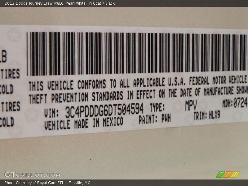 2013 Journey Crew AWD Pearl White Tri Coat Color Code PWH