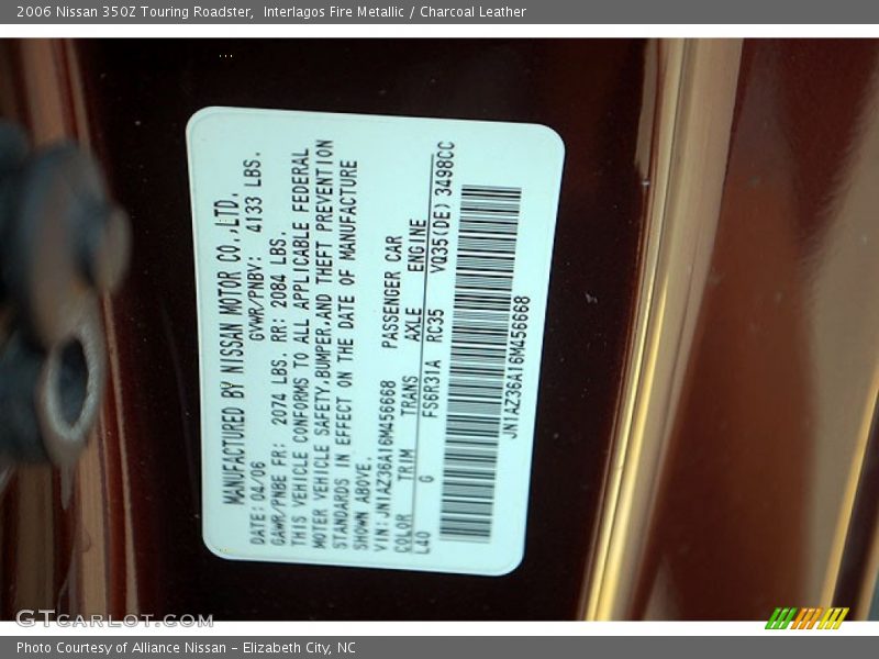 2006 350Z Touring Roadster Interlagos Fire Metallic Color Code L40