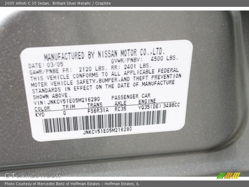 Brilliant Silver Metallic / Graphite 2005 Infiniti G 35 Sedan
