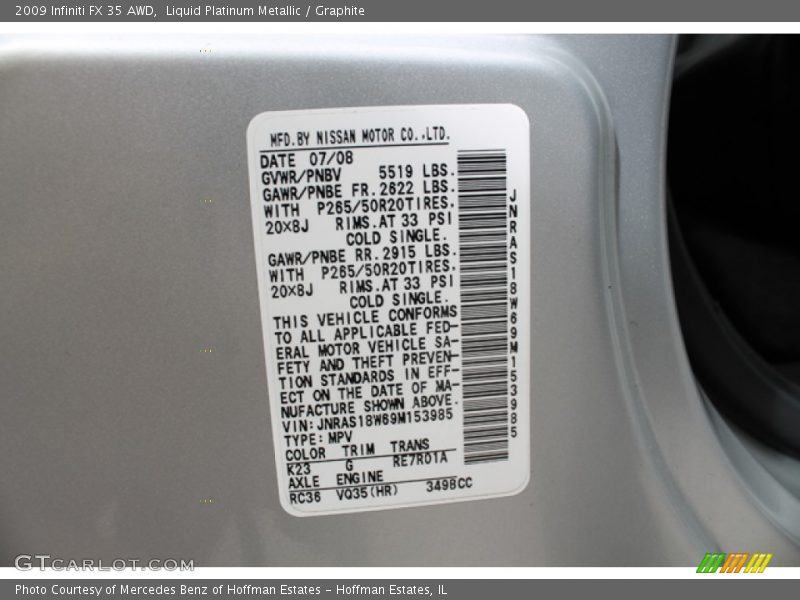 Liquid Platinum Metallic / Graphite 2009 Infiniti FX 35 AWD