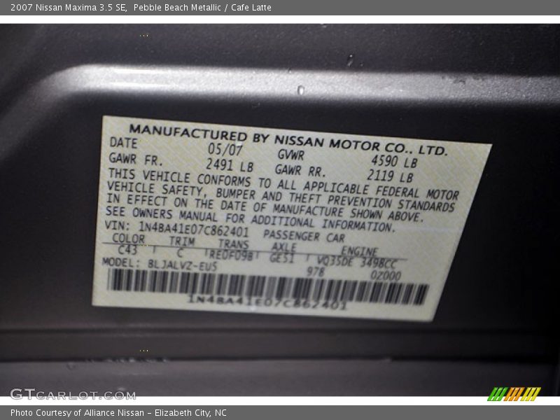 2007 Maxima 3.5 SE Pebble Beach Metallic Color Code C43