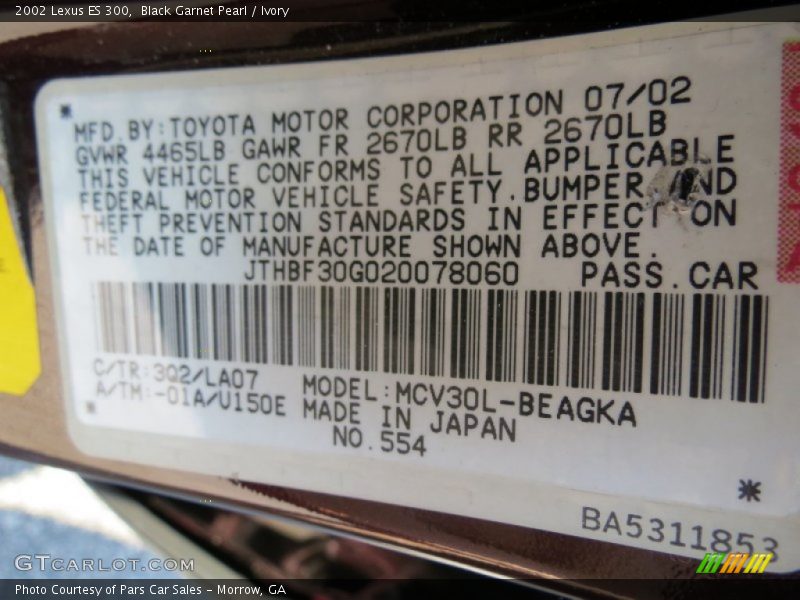 Black Garnet Pearl / Ivory 2002 Lexus ES 300