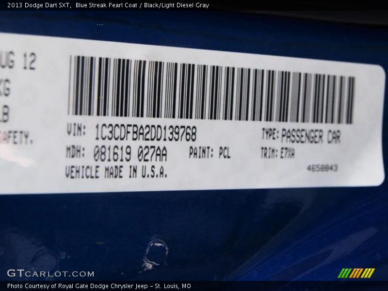 2013 Dart SXT Blue Streak Pearl Coat Color Code PCL