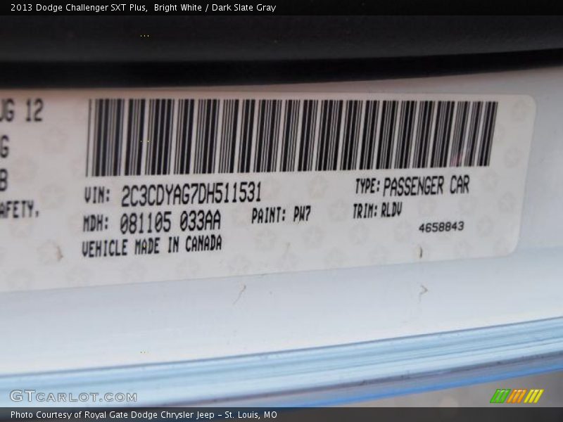 2013 Challenger SXT Plus Bright White Color Code PW7
