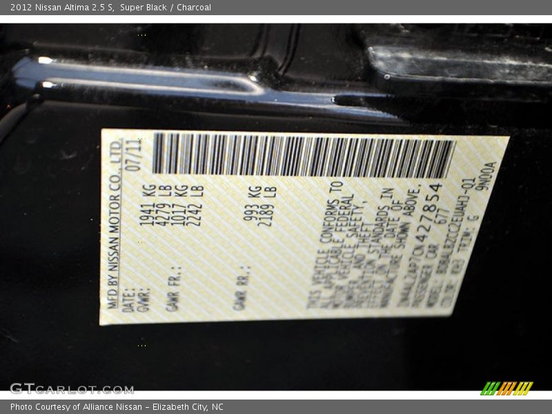 Super Black / Charcoal 2012 Nissan Altima 2.5 S