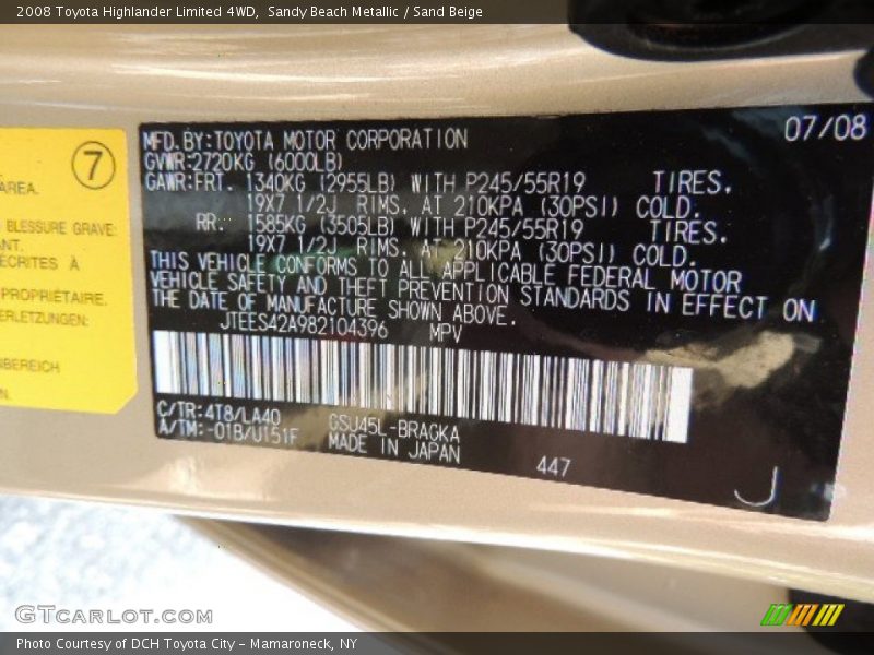 Sandy Beach Metallic / Sand Beige 2008 Toyota Highlander Limited 4WD