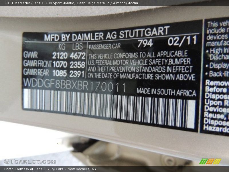 2011 C 300 Sport 4Matic Pearl Beige Metallic Color Code 794