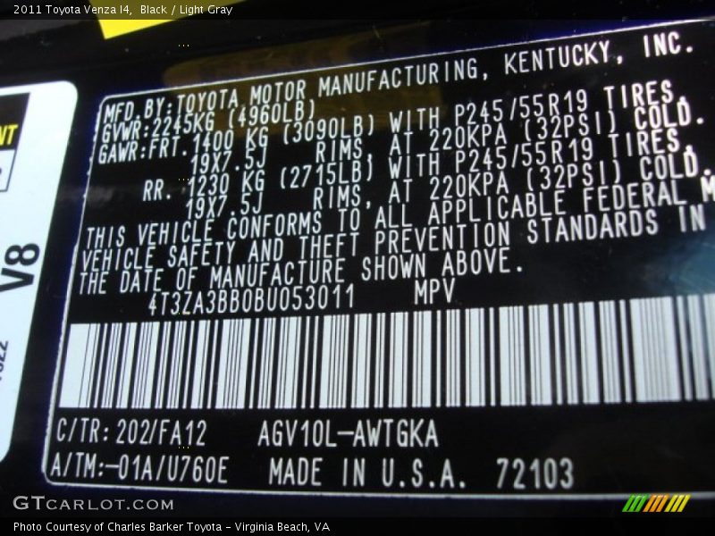 Black / Light Gray 2011 Toyota Venza I4