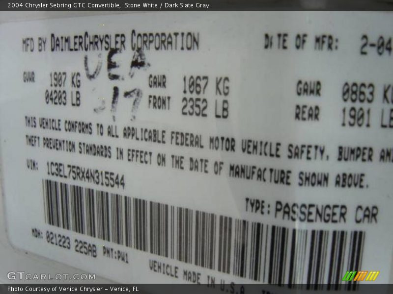 Stone White / Dark Slate Gray 2004 Chrysler Sebring GTC Convertible