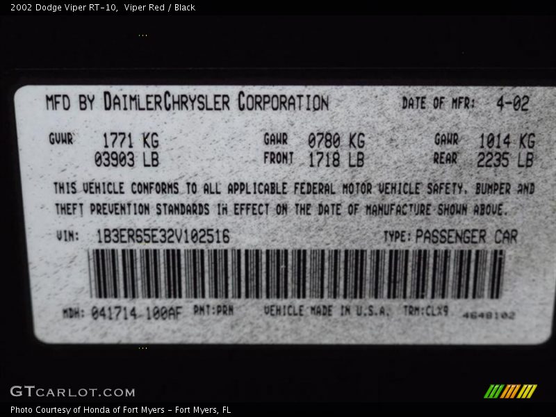 2002 Viper RT-10 Viper Red Color Code PRN