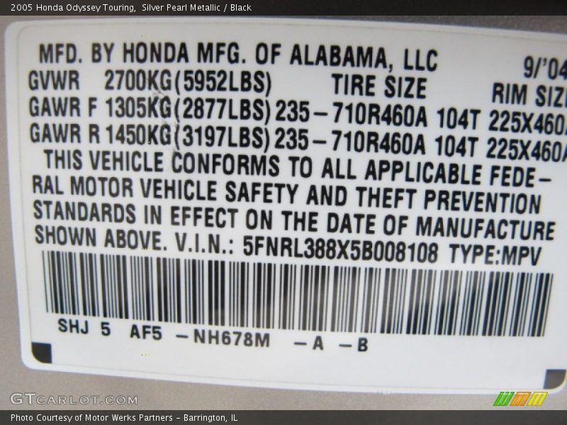 Silver Pearl Metallic / Black 2005 Honda Odyssey Touring