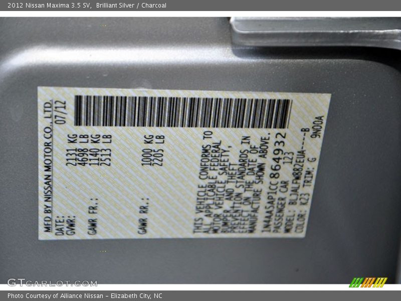 2012 Maxima 3.5 SV Brilliant Silver Color Code K23