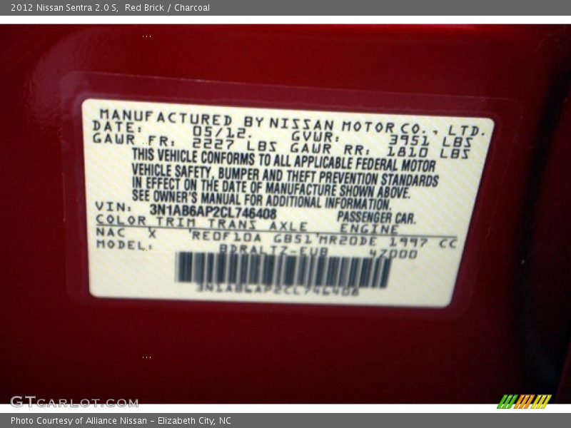 Red Brick / Charcoal 2012 Nissan Sentra 2.0 S