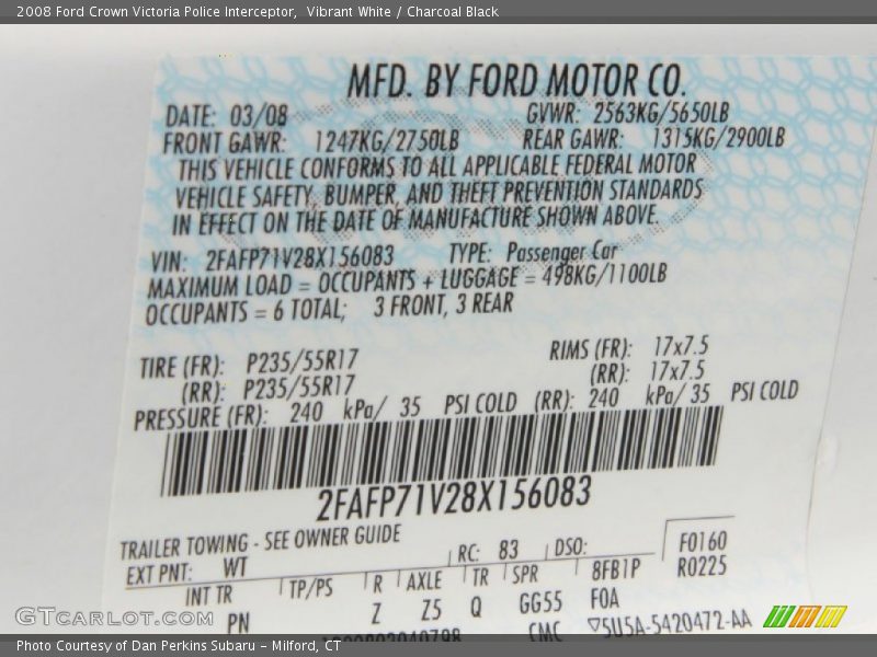 2008 Crown Victoria Police Interceptor Vibrant White Color Code WT