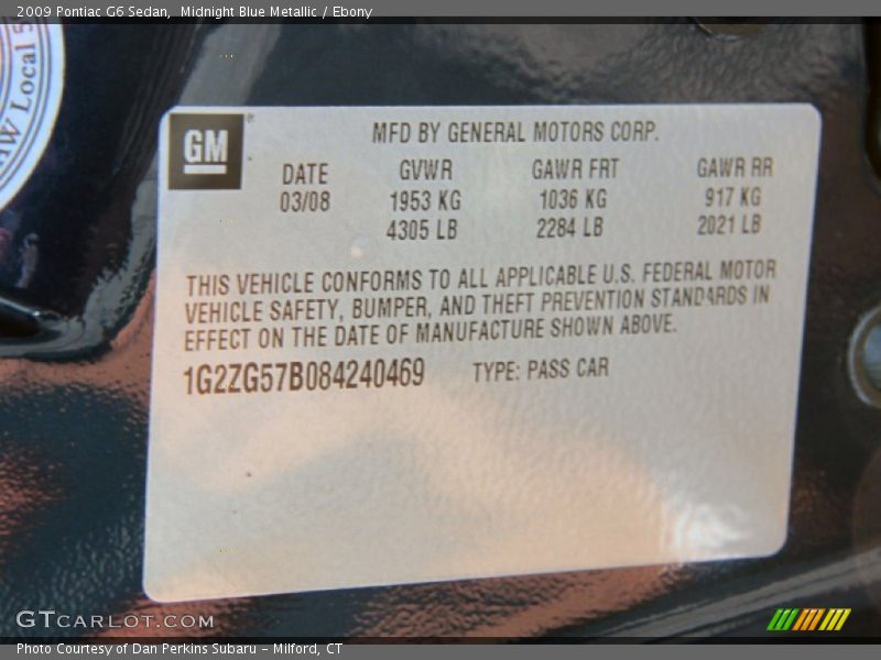 Midnight Blue Metallic / Ebony 2009 Pontiac G6 Sedan