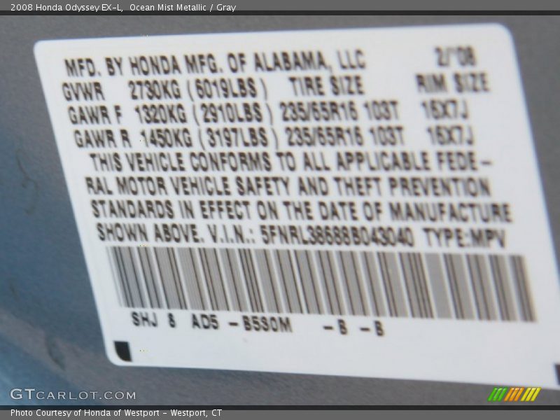 Ocean Mist Metallic / Gray 2008 Honda Odyssey EX-L