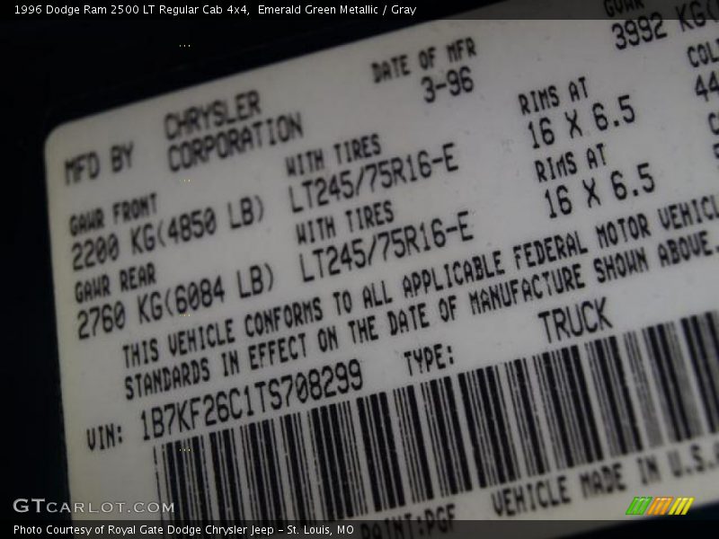 1996 Ram 2500 LT Regular Cab 4x4 Emerald Green Metallic Color Code PGF