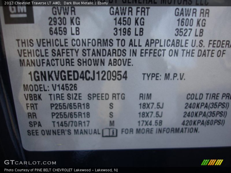 Dark Blue Metallic / Ebony 2012 Chevrolet Traverse LT AWD