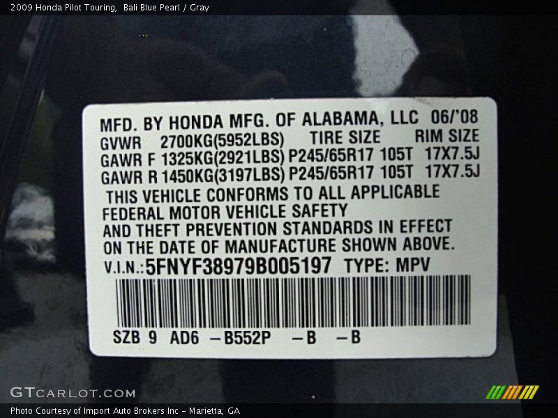 Bali Blue Pearl / Gray 2009 Honda Pilot Touring
