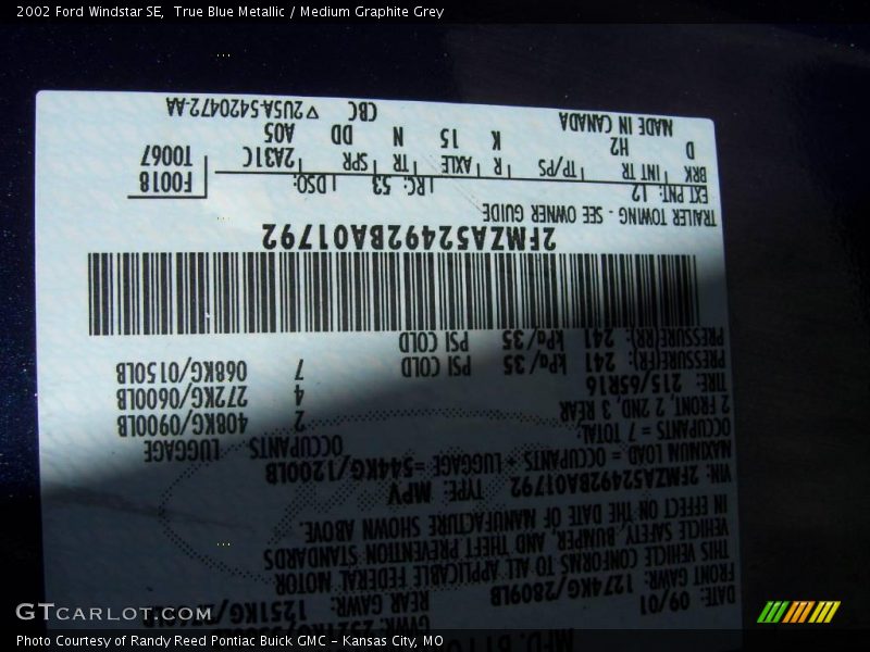 True Blue Metallic / Medium Graphite Grey 2002 Ford Windstar SE
