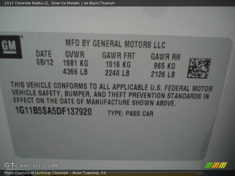 Silver Ice Metallic / Jet Black/Titanium 2013 Chevrolet Malibu LS