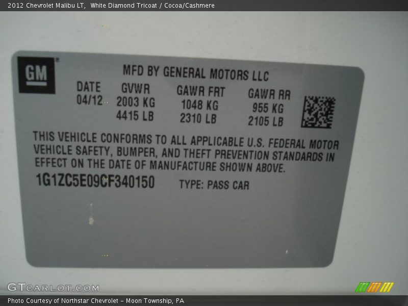 White Diamond Tricoat / Cocoa/Cashmere 2012 Chevrolet Malibu LT