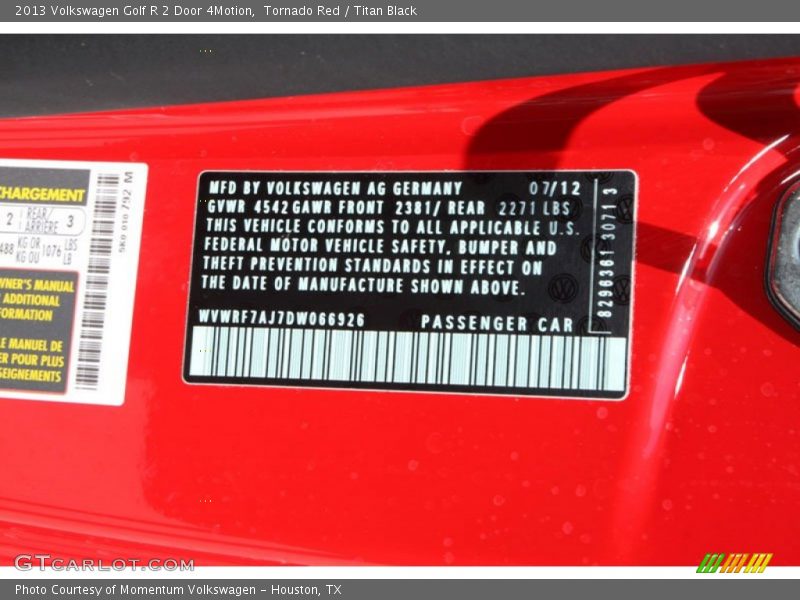 Tornado Red / Titan Black 2013 Volkswagen Golf R 2 Door 4Motion