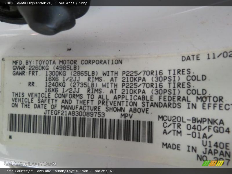 Super White / Ivory 2003 Toyota Highlander V6