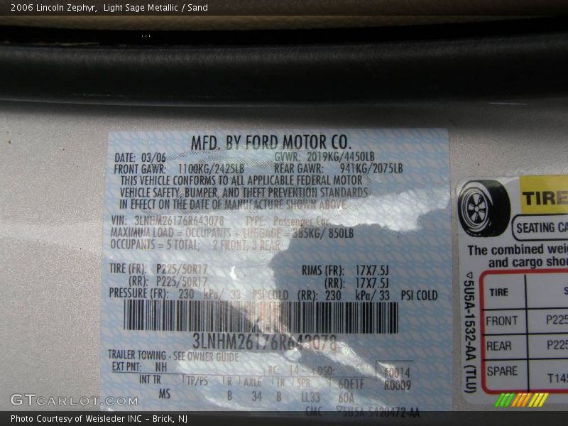 Light Sage Metallic / Sand 2006 Lincoln Zephyr