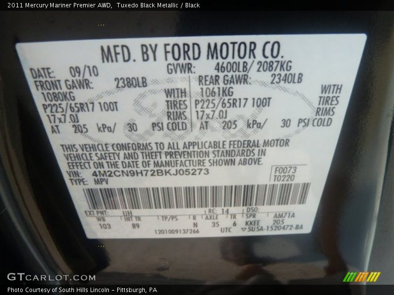 Tuxedo Black Metallic / Black 2011 Mercury Mariner Premier AWD