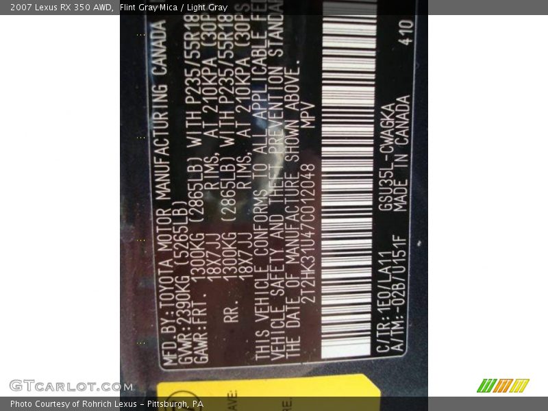 Flint Gray Mica / Light Gray 2007 Lexus RX 350 AWD