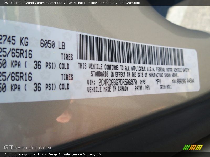 2013 Grand Caravan American Value Package Sandstone Color Code PFS