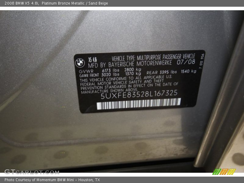 Platinum Bronze Metallic / Sand Beige 2008 BMW X5 4.8i